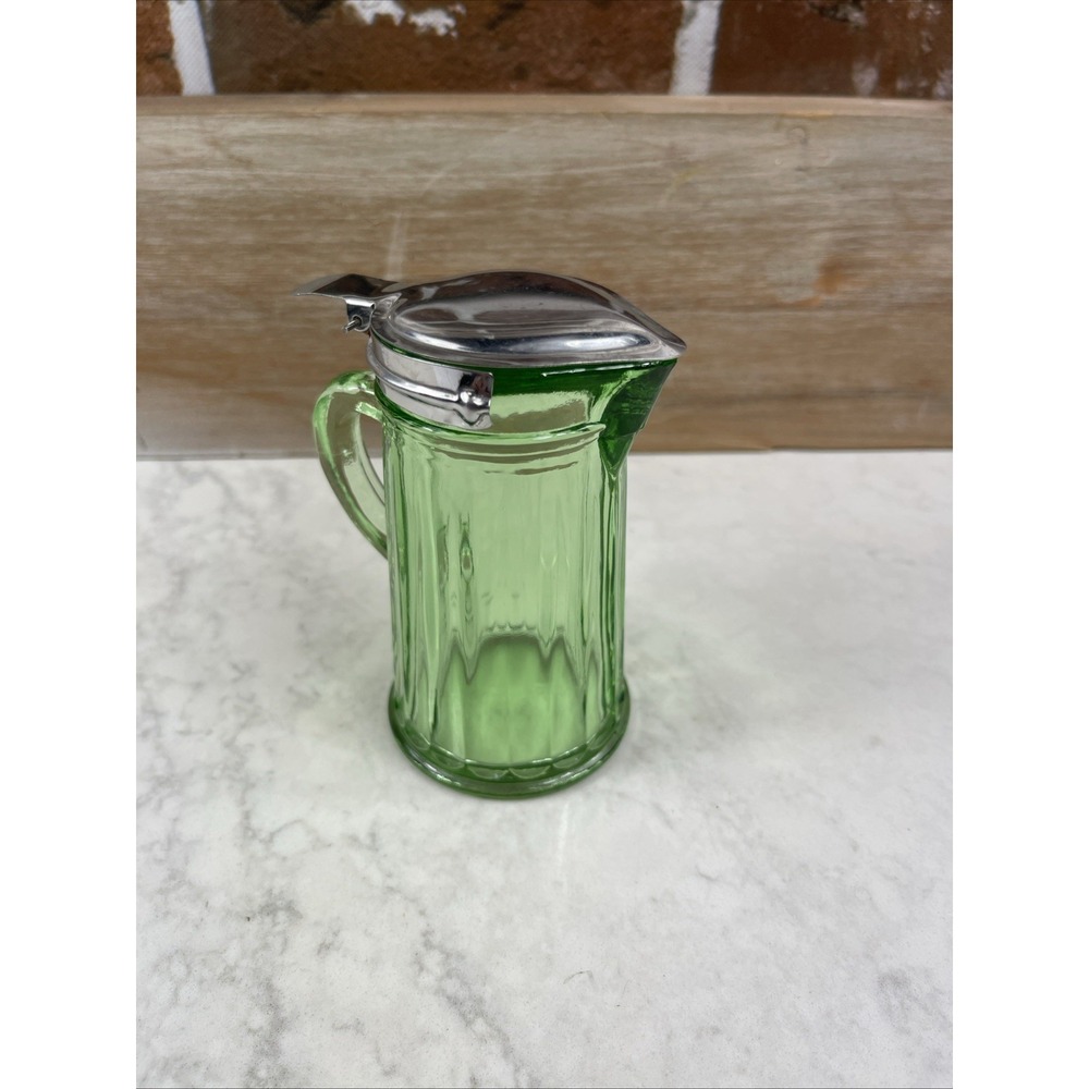 4" Green Uranium Depression Glass Syrup Pitcher w/Metal Lid Hazel-Atlas 20's-30s